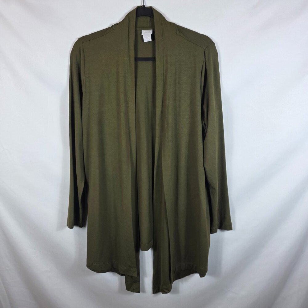 Chico's Olive Green Touch of Cool Knit Open Front Cardigan Women's Size Medium